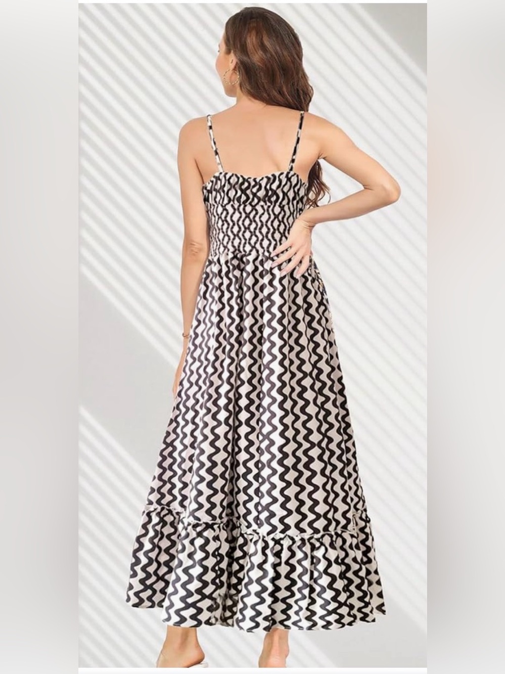 Wavy Print Smocked Maxi Dress in Black & Cream. NWOT - Picture 2 of 6